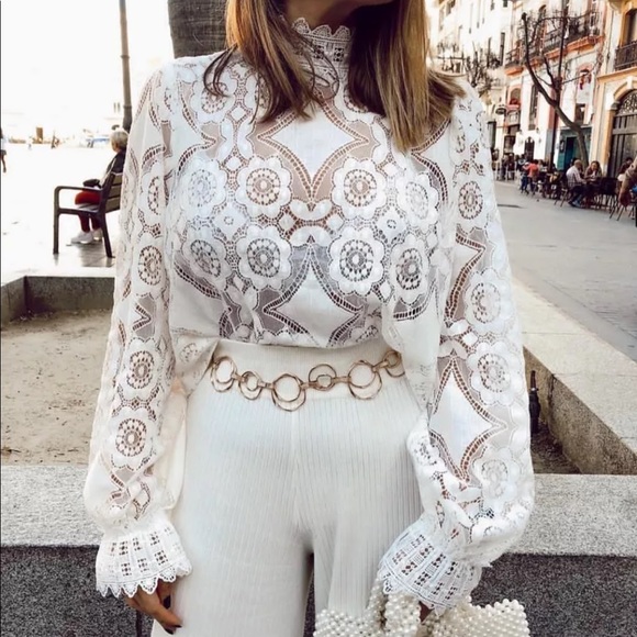 Long Sleeve High Neck Lace Blouse White Boho - Picture 7 of 16